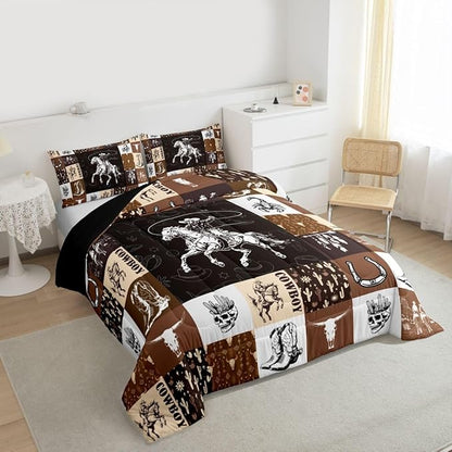 Cowboy Comforter Set King Size,Western Bedding For Boys,Bull Skull Horse Bedding Comforter Sets,Boho Arrows Feather Quilt Set Brown Plaid Grid Print Duvet For Kids Teens Room Decor,2 Pillowcases