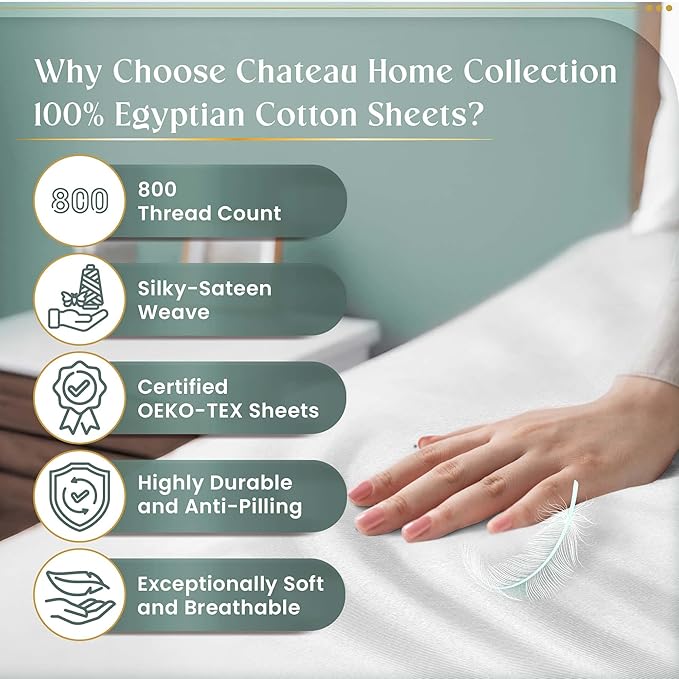 100% Egyptian Cotton Sheets Queen Size Bed Set, Deep Pocket Queen Sheet set, 800 Thread Count Sateen Cotton Bed Sheets, Cool Soft Breathable No Pill Elasticated Luxury White Bedding For All Seasons