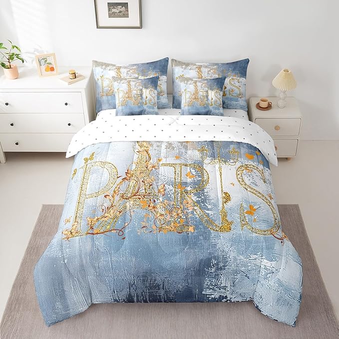 Erosebridal Romantic Paris Bed in a Bag 7-Piece Valentine's Day Eiffel Tower Bedding Comforter Sets, Light Blue Graffiti Twin Bedding Set Hippie Tie Dye Comforter Set with Flat Sheet and Fitted Sheet