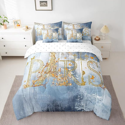 Erosebridal Romantic Paris Bed in a Bag 7-Piece Valentine's Day Eiffel Tower Bedding Comforter Sets, Light Blue Graffiti Twin Bedding Set Hippie Tie Dye Comforter Set with Flat Sheet and Fitted Sheet