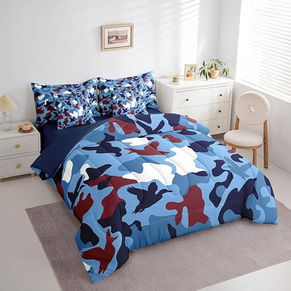 Erosebridal Duck Camo 7 Pcs Comforter Set Full Size Camouflage Bedding for Kids Hunting Farmhouse Camping Bed in A Bag Sheet Set Vintage Navy Blue Room Decor Wild Duck Rustic Animal Bed Set