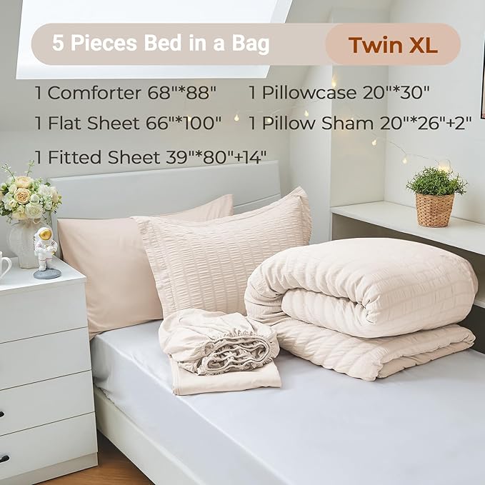 MUXHOMO 5 Pieces Twin XL Comforter Set, Seersucker Bed in a Bag Twin XL Size, All Season Luxury Bedding Set with Comforter, Flat Sheet, Fitted Sheet, Pillowcase & Sham, Beige