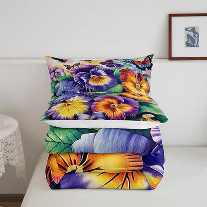 Erosebridal Flower Butterfly Girls Bedding Sets Queen Garden Pansy Floral Bed Comforter Set Rustic Farmhouse Spring Comforter Set Pastoral Country Blossom Quilt Duvet Purple Yellow Room Decor