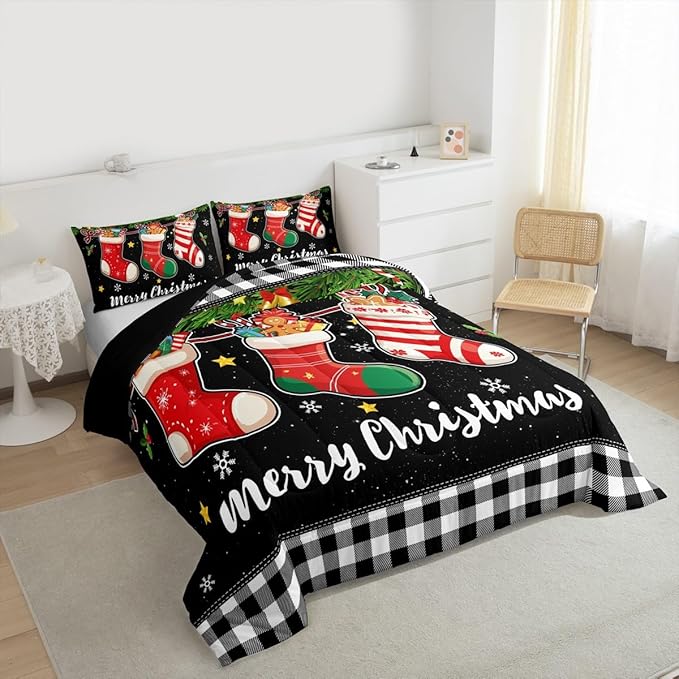 Merry Christmas Comforter Set Twin Size,Cartoon Christmas Stocking Bedding Set 2Pcs,Vintage Black White Check Quilt Set for Kids Girls Boys Room Decor Xmas Tree Duvet Insert,1 Pillowcase