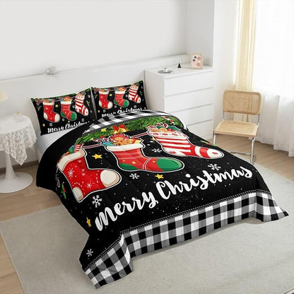 Merry Christmas Comforter Set Twin Size,Cartoon Christmas Stocking Bedding Set 2Pcs,Vintage Black White Check Quilt Set for Kids Girls Boys Room Decor Xmas Tree Duvet Insert,1 Pillowcase