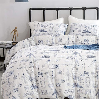 KAREVER White Aircraft Comforter Set Twin Boys Cartoon White Bedding Set Airplane Comforter Car Tank Printed Bedding for Children Teen Boy Blanket Set