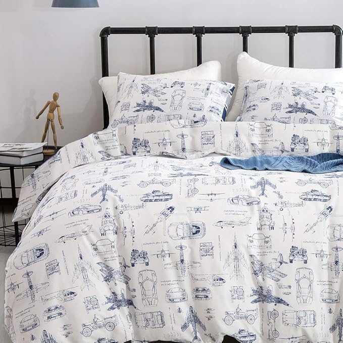 KAREVER Aircraft Comforter Set Queen Boys White Cartoon Bedding Set Alternative Comforters Airplane Car Tank Printed Bedding Blanket Full for Children Teen Boy with Microfiber Inner Insert