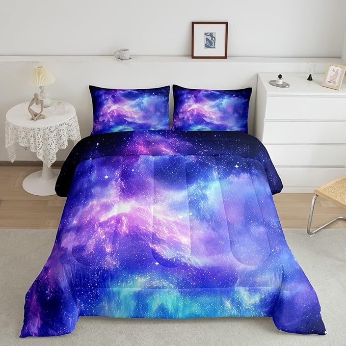Erosebridal Purple Galaxy Bedding Down Comforter Set Kids Teens Girls Boys Starry Sky Space Universe Star Design Comforter Set,Soft Home Decorative 3 Pcs Bedding Set with 2 Pillowcases,Full Size
