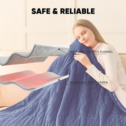 greenoak Heated Blanket Electric Full 72"X84", Heating Blanket with 10 Heat Levels 1/2/4/6/8 Hours Auto-Off, Soft Flannel Sherpa Warm Heater Christmas Blanket, Sea Blue