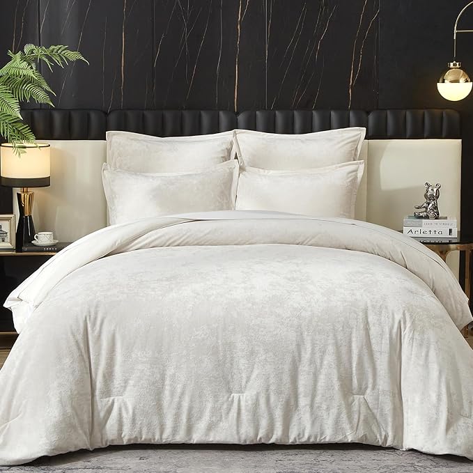 Ivellow Crushed Velvet Comforter Set King Ivory Comforter Set 5pcs Ultra Soft Lightweight Breathable Bedding Set Luxury Cozy Flannel Comforter King Size (1 Comforter,2 Pillow Shams, 2 Euro Shams