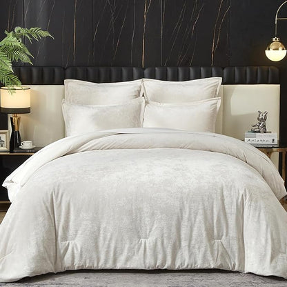 Ivellow Crushed Velvet Comforter Set King Ivory Comforter Set 5pcs Ultra Soft Lightweight Breathable Bedding Set Luxury Cozy Flannel Comforter King Size (1 Comforter,2 Pillow Shams, 2 Euro Shams