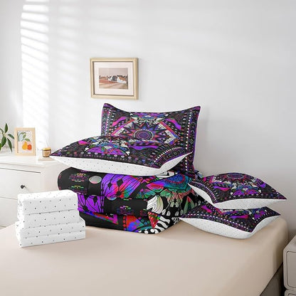 Feelyou Sun Moon Bed in a Bag with Comforter, Full Size 7Pcs Boho Exotic Bedding Set with Comforter, Purple Bohemian Galaxy Comforter Women Men Teens Ultra Soft Decor Astrology Space Room Decor