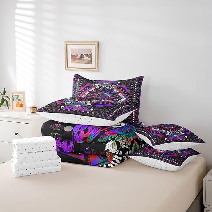 Feelyou Sun Moon Bed in a Bag with Comforter, Queen Size 7Pcs Boho Exotic Bedding Set with Comforter, Purple Bohemian Galaxy Comforter Women Men Teens Ultra Soft Decor Astrology Space Room Decor