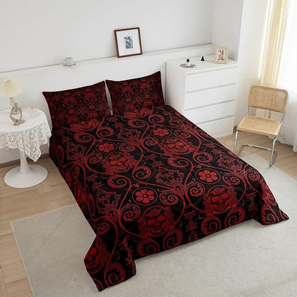 Feelyou Adults Red Vintage Damask Floral Comforter Set Oriental Antique Comforter Full Size Exotic Sugar Skull Rose Bedding Set Gothic Bohemia Boho Duvet Set Quilt Set 3Pcs