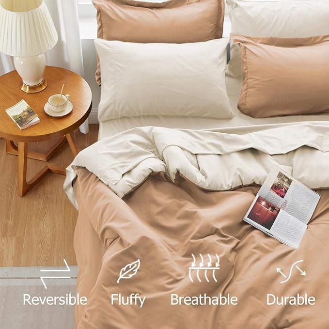 King Size Comforter Set Khaki Reversible Bedding Set, 7 Pieces Soft Bed in a Bag King with Comforter, Sheets, Pillowcases & Shams, All Season Boho King Bed Set