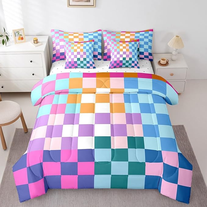 Feelyou Multicolored Checkered Retro Bedding Sets Kids Boys Girls Geometric Vintage Comforter Bed in a Bag Full Size Rainbow Colorful Bed Duvet Insert Modern Groovy Aesthetic Room Decor