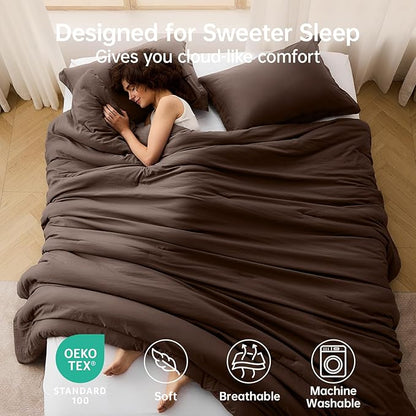 MUXHOMO King Size Comforter Set, All Season Ultra Soft Down Alternative Bedding - 3 Piece Lightweight Bed Set Includes 1 Comforter (104"x90") and 2 Pillow Shams (20"x36"), Dark Brown