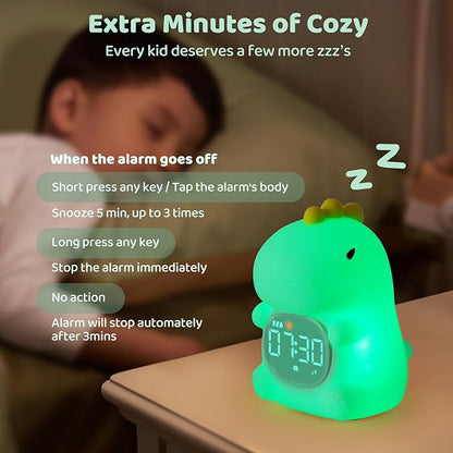 Dinosaurs Alarm Clock with Night Light for Kids with Sleep Training and Sound Machine, Rechargeable Silicone Lamp OK to Wake Clock，Cute Animal Tabletop Lamp, Perfect Sleep Companion for Boys Girls