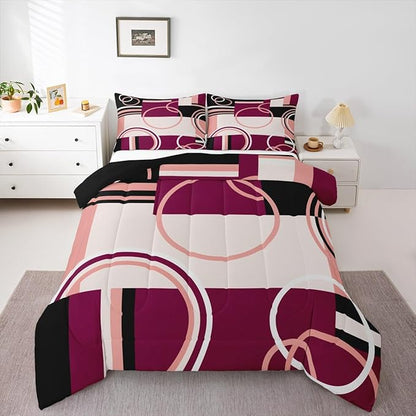 Geometric Circles Swirls Bedding Set Queen Modern Pink Purple Black Gray Comforter Abstract Grid Quilted Duvet Stripes Square Duvet Insert Soft Microfiber Bedding Comforter Sets Simple Style