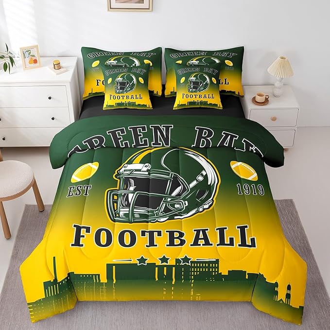 Erosebridal Football Queen Boys 7 Piece Bedding Set American Soccer City Comforter Set with Sheets Rugby Sports Games Bed in A Bag for Kids Teen Adults,Green Yellow Soft Warm Bed Set