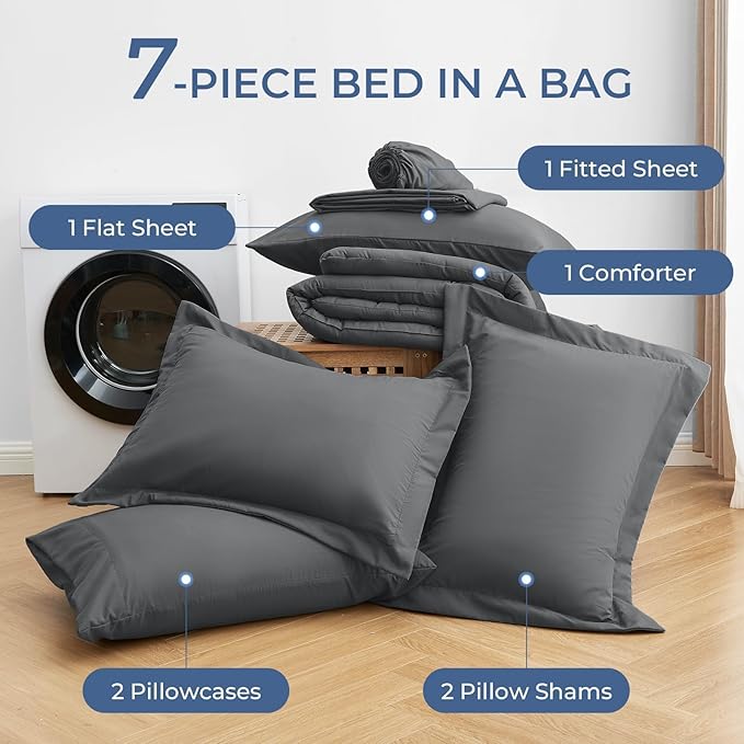 Sasttie King Size Comforter Set, 7 Pieces Bed in a Bag King, Complete Bedding Set Includes Grey Comforter, Flat Sheet, Fitted Sheet, Pillowcases and Pillow Shams, Dark Grey