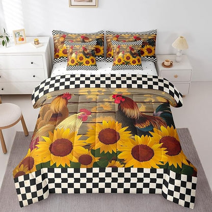Erosebridal 7 Pcs Rooster Comforter Set Full Size,Rustic Chick Sunflower Bed in a Bag with Flat Fitted Sheet for Kids and Adults,Farm Plaid Wooden Bedding Set with Pillowcases and Cushion Cases