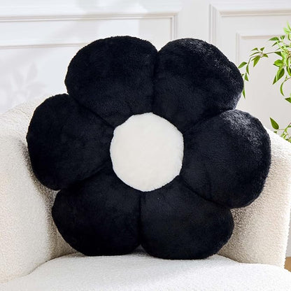 Black Flower Pillow, Cute Decorative Flower Shaped Throw Pillow with Faux Rabbit Fur, 14.9" Soft Daisy Plush Floor Cushion Aesthetic Room Decor for Bed Sofa Couch