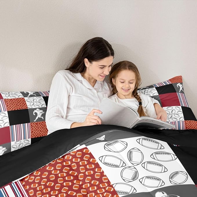 Feelyou Football Kids Comforter Set Full Size Rugby Sports Bedding Set Soccer Ball Game Duvet Quilt for Kids Boys Girls Bedroom Gift for Football Lover Decor Orange Red Ultra Soft Breathable