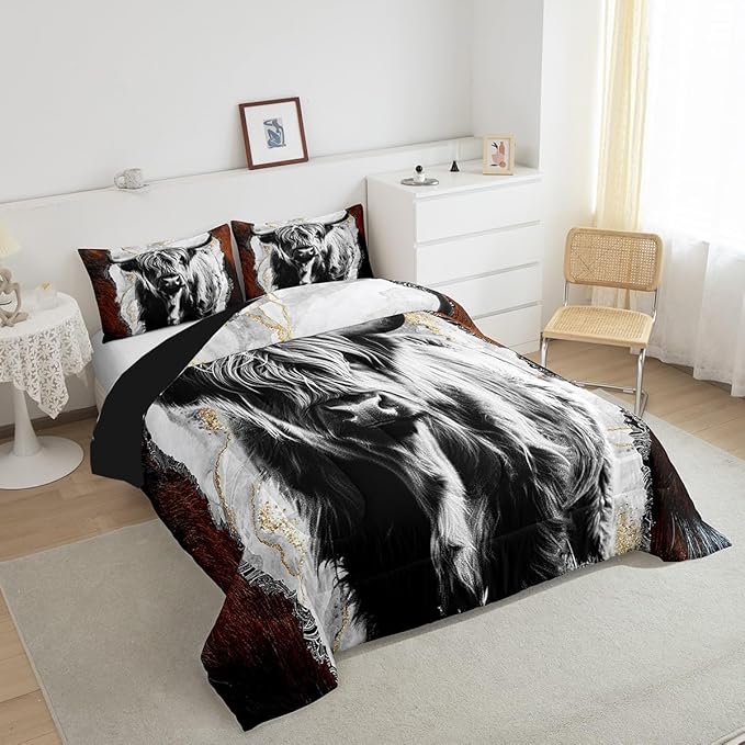 Erosebridal Highland Cow Comforter Set King,Bull Cattle Bedding Set,Gold Grey Marble Duvet Insert for Kids Boys Men,Wildlife Farmhouse Cow Fur Down Comforter with 2 Pillowcases Home Room Decor