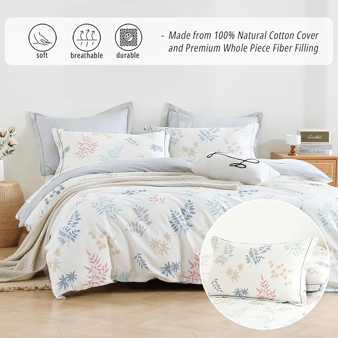 White Cotton Comforter Queen Size 3Pcs - Blue, Beige and Blush Botanicals Pattern on White, Gray Grid Back, Reversible Lightweight Bedding Sets with Soft Fill(Queen, 90"×90")