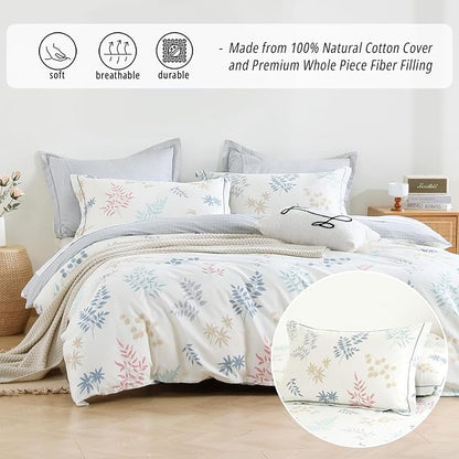 White Cotton Comforter King Size 3Pcs - Blue, Beige and Blush Botanicals Pattern on White, Gray Grid Back, Reversible Lightweight Bedding Sets with Soft Fill(King, 104"×90")