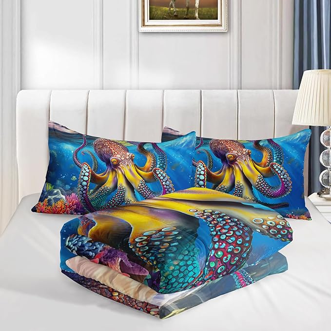 3D Octopus Comforter Set Full Size 3Pcs Nautical Ocean Bedding Set Seaweed Quilt Bed Set for Boys Girls with 1 Comforter and 2 Pillowcases