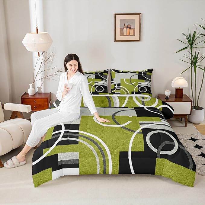 Circles Swirls Comforter Set Queen For Bedroom Decor Green Yellow Beddings Geometric Square Gromment Quilt Black Gray Patchwork Duvet Insert Modern Graphic Texture Down Comforter With 2 Pillowcases