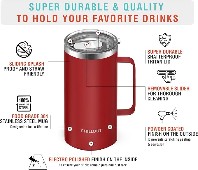 CHILLOUT LIFE Stainless Steel Vacuum Insulated Coffee Mug 20 oz (Set of 2) with Handle and Lid, Large Thermal Camping Coffee Mugs with Sliding Lid for Men & Women, Keeps Your Beverages Hot & Cold
