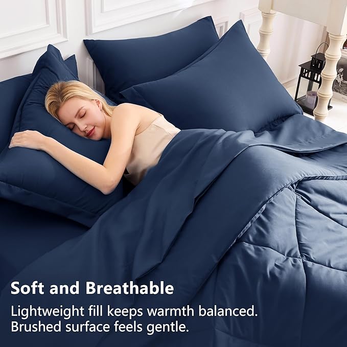 CozyLux King Size Comforter Set Navy Blue - 7 Pieces Bed in a Bag King, Luxury Soft Bed Set for All Seasons, Bedding Set with Down Alternative Comforter, Sheets, Pillowcases & Shams