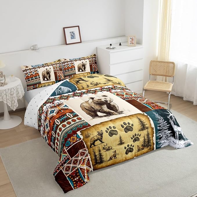 Erosebridal Rustic Cabin Comforter Set Bohemian Aztec Quilt,Woodland Animals Bear Moose Elk Deer Bedding Sets Twin,Indian Tribal Geometric Diamond Duvet Insert Retro Western Home Decor