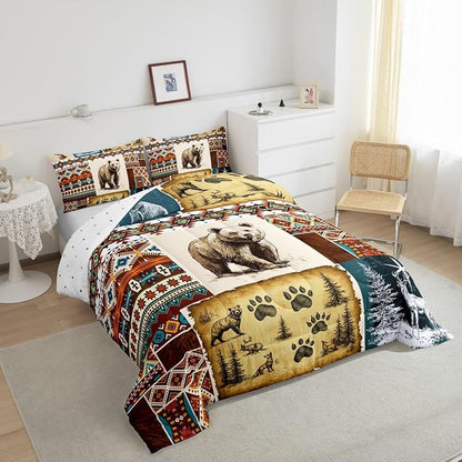 Erosebridal Rustic Cabin Comforter Set Bohemian Aztec Quilt,Woodland Animals Bear Moose Elk Deer Bedding Sets Twin,Indian Tribal Geometric Diamond Duvet Insert Retro Western Home Decor