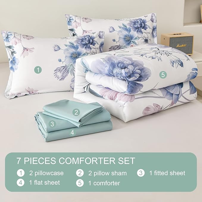 Floral King Size Comforter Set - 7 Piece Bed in a Bag, Light Blue Flowers Printed on White Bed Comforters with Sheets, Soft Lightweight Bedding Set for All Season(Light Blue, King