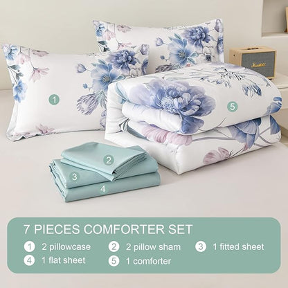 7 Piece Bed in a Bag Queen Floral Comforter Set Botanical Flower Printed on Light Blue Bedding Set, Soft Lightweight Comforter with Sheet Set for All Season (Light Blue, Queen)