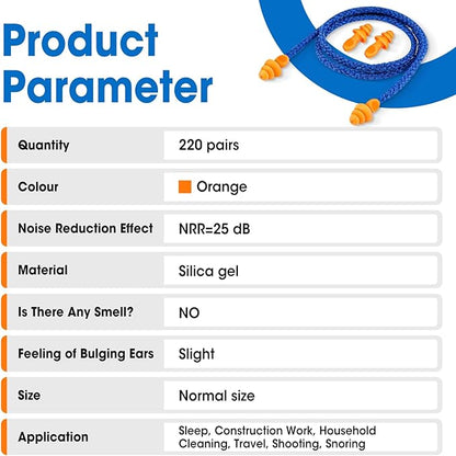 AZEN 220 Pairs Silicone Ear Plugs, Reusable Earplugs for Noise Reduction, 25dB NRR Corded Ear Plug for Sleeping Noise Cancelling, Ear Plug with String Individual Packing