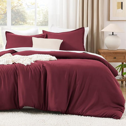 Litanika Burgundy Red Comforter Set Queen Size, 3 Pieces Lightweight Solid Bedding Comforter Set, All Season Fluffy Bed Set (90x90In Comforter & 2 Pillowcases)