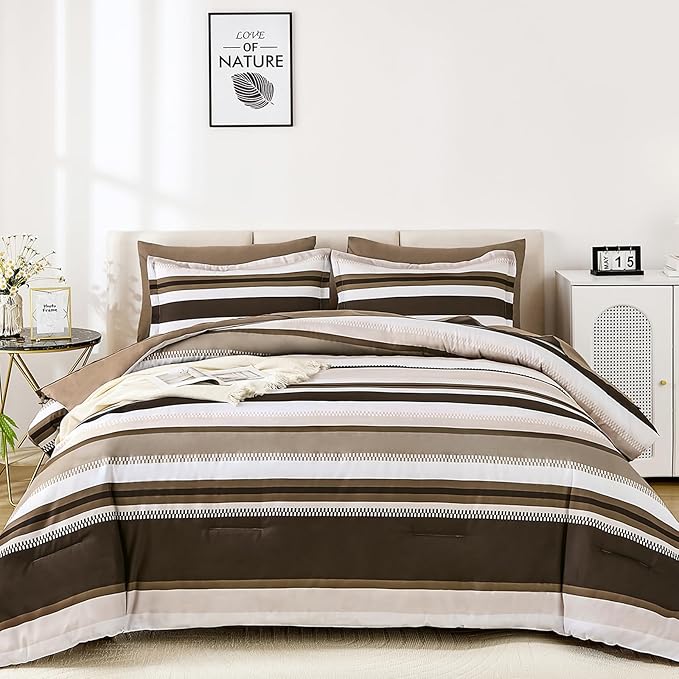 WONGS BEDDING Comforter Queen Size, Brown 7 Pieces Comforter for Queen Bed Striped Bed in a Bag Soft Bedding Comforter Set for All Season(90"×90")