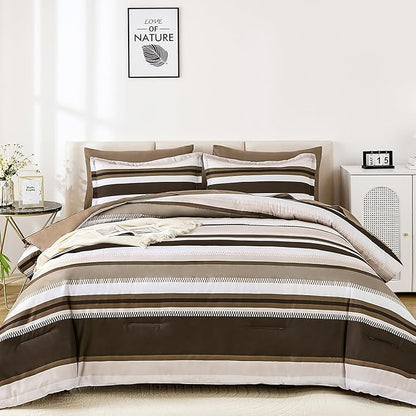WONGS BEDDING King Size Comforter 7 Pieces, Brown King Comforter Set with Sheets, Striped Bed in a Bag Boho Lightweight Bedding Set for All Seaon (104"×90")