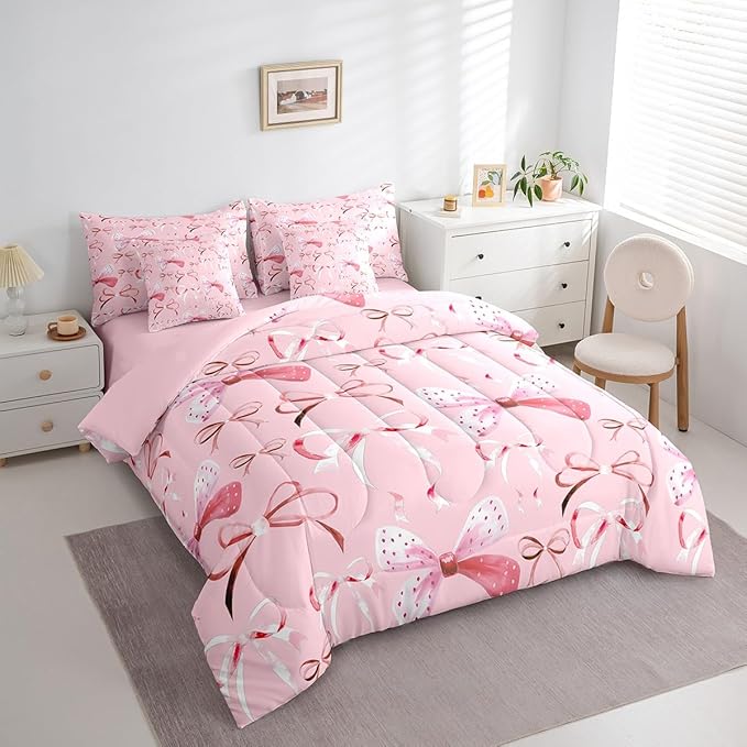 Feelyou Pink Girls Bow Bedding Set for All Season Boys Girls Twin Size Bow 7 Pieces Comforter Sets for Kids Women Men Cute Bowknot Bed in a Bag with Comforter, Sheets, Pillowcases & Cushion Cover