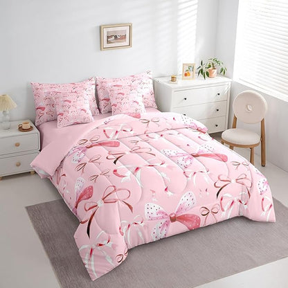 Feelyou Pink Girls Bow Bedding Set for All Season Boys Girls Twin Size Bow 7 Pieces Comforter Sets for Kids Women Men Cute Bowknot Bed in a Bag with Comforter, Sheets, Pillowcases & Cushion Cover