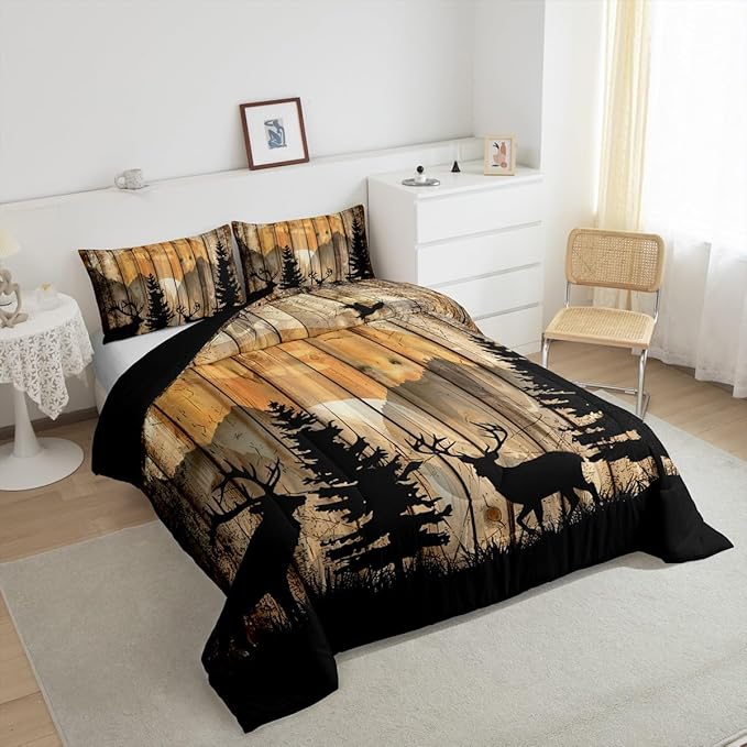 Feelyou Western Rustic Bear Comforter Set, Wooden Farmhouse Bedding Full, Hunting Wild Animal Quilt Forest Animal Wildlife Hunting Bedding Comforter Sets Kids Boys Teens Adult Men Bedroom Decor
