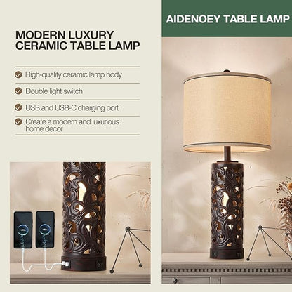 AIDENOEY Set of 2 Table Lamps with Night Light, 28" Farmhouse Table Lamp with USB A+C Ports,Brown Ceramic Bedside Lamp with Fabric Shade for Living Room,Bedroom,Home,Office(2 Bulbs Included)