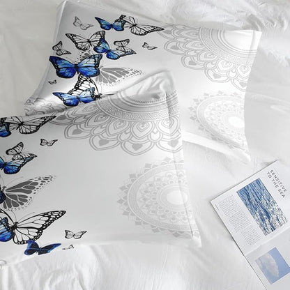 Comforter Set Twin Size, Summer Spring Blue Butterfly 5 Pcs Bedding for Kids and Adults, Abstract Mandala Floral Bed Sheet Sets with Fitted Sheet Pillowcase & Sham for Bedroom Bed Decor