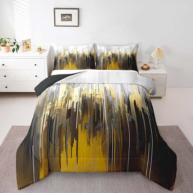 Erosebridal Abstract Graffiti Comforter King Brown Yellow Bedding Set for Adults, Oil Painting Gradient Down Comforter Modern Artwork Bed Set, Ombre Brush Strokes Quilted Duvet