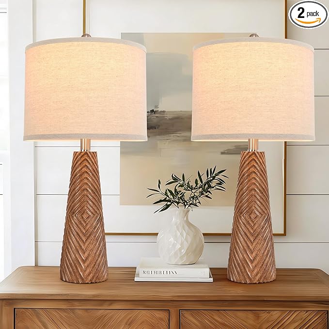 Terpsichore Nightstand Lamp Bedside Lamps Set of 2 Vintage Rustic Farmhouse Table Lamp 3 Way Dimmable Horizontal Stripe Light,for Living Room Bedroom,USB A+C (Brown, Hing 24 Inch)